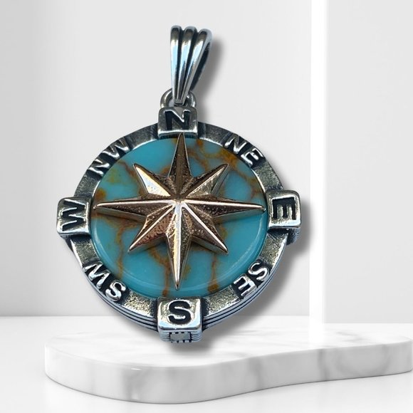 Stunning Gold Northstar Compass Pendant w/ Turquoise Accent - Unisex 925 Sterlin - Picture 8 of 8